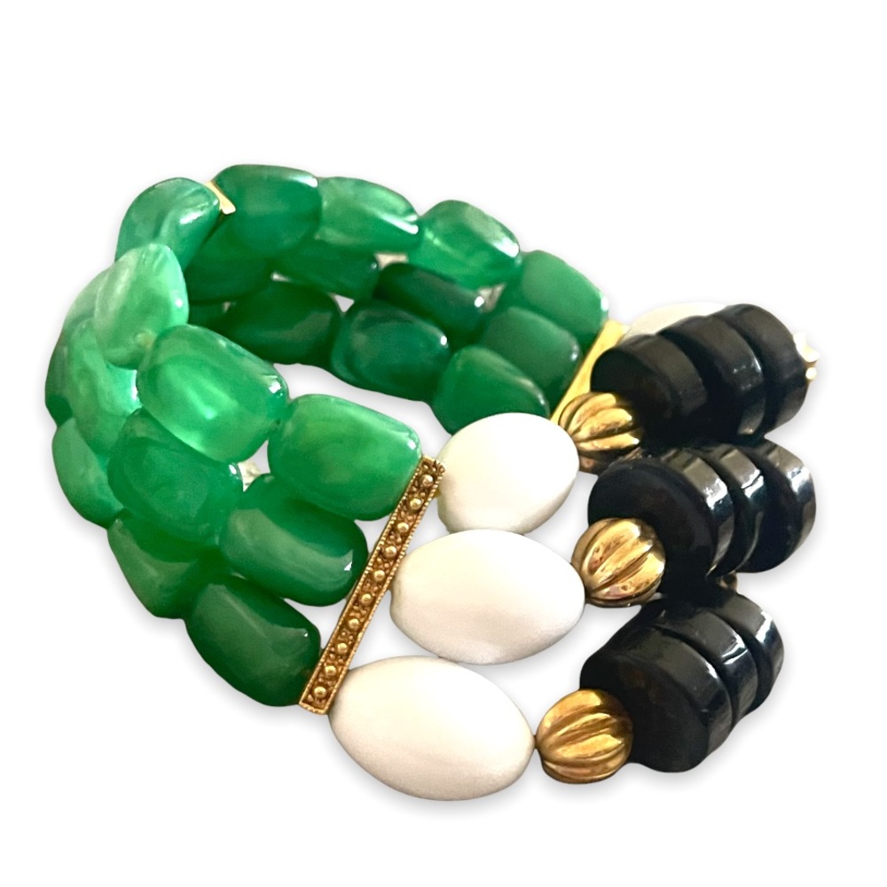 Vintage Extra Wide 3 Strand Egyptian Jade Lucite Beads Engraved Bracelet - Picture 6 of 11